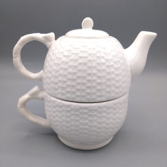 Nantucket Other - Nantucket China Tea For One Individual Teapot Tea Pot Teacup Tea Cup Basketweave